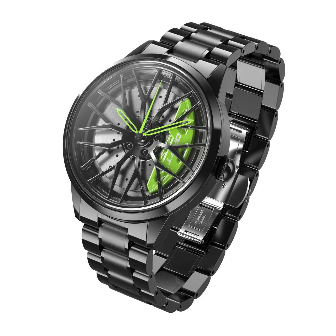 Elevate your fashion with our striking green Motorsport Rim Watch! Precision-engineered by a German startup, these watches are tailored for motorsport, tuning, and auto aficionados. Get ready to ignite your passion!