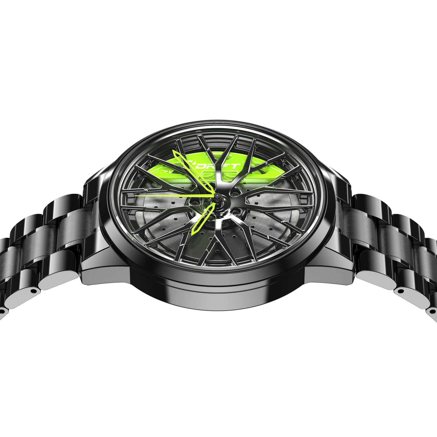 Illuminate your fashion with our dynamic green Motorsport Rim Watch! Precision-engineered by a German startup, these watches captivate motorsport, tuning, and auto enthusiasts. Get set to ignite your passion!