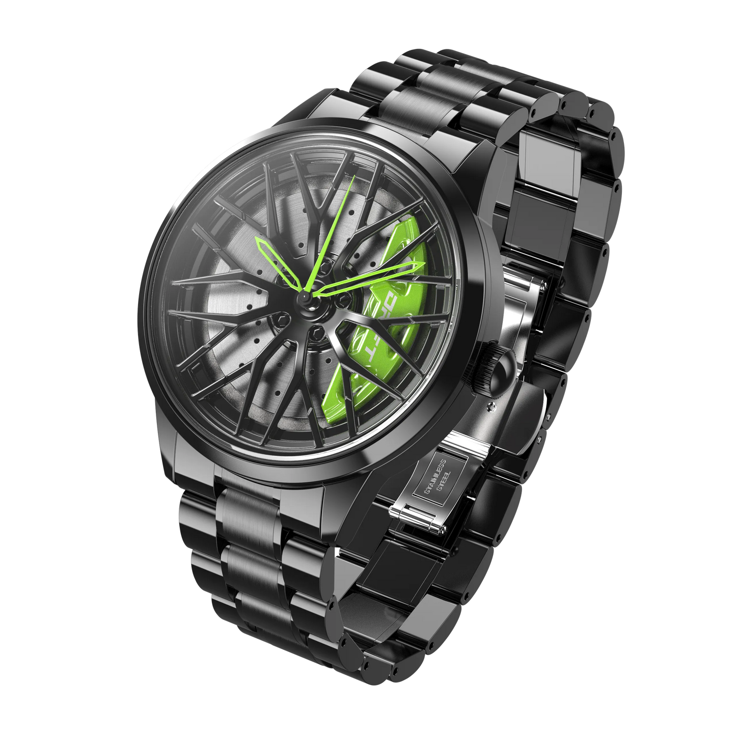 Race into style with our captivating green Motorsport Rim Watch! Designed by a German startup, these precision watches are tailored for motorsport, tuning, and auto aficionados. Ignite your passion!