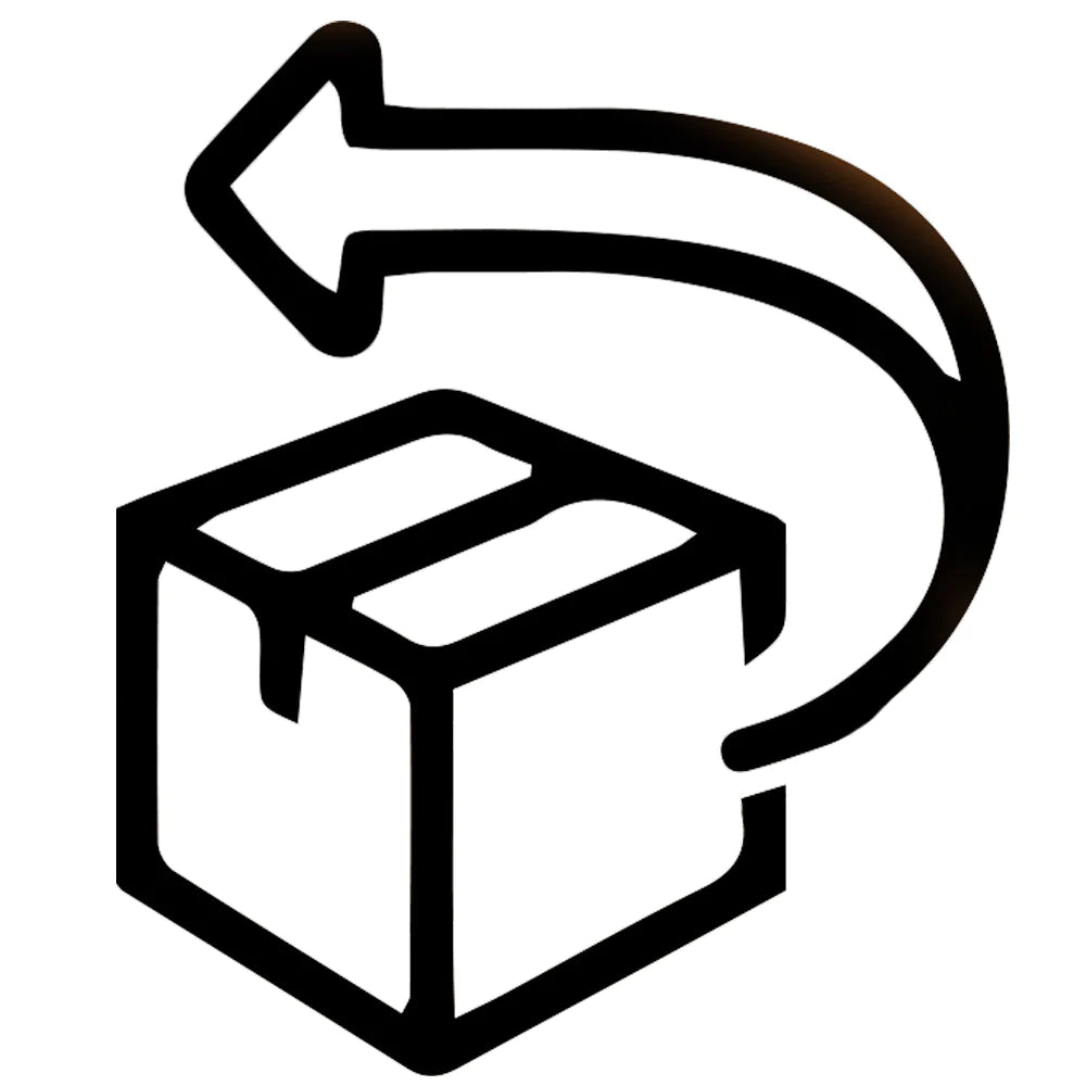 A bold icon showing a three-dimensional box with an arrow looping above and pointing outwards, indicating a return or shipping reversal. This type of imagery is commonly used to depict returns, exchanges, or refunds in commerce, relating to products like the innovative and stylish wheel-designed watches sold by DriftElement, a German startup.