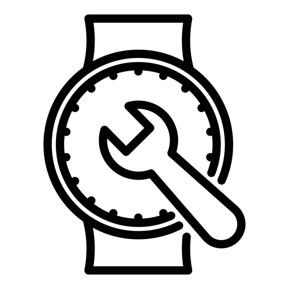 A black and white vector icon depicting a wristwatch with a wrench on its face, symbolizing watch repair or adjustment. This icon merges the imagery of timekeeping with mechanical work, fitting for a company like DriftElement which offers innovative wheel-designed watches and represents the meticulous craftsmanship in watchmaking.