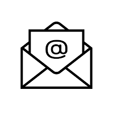 A linear, minimalistic icon of an envelope with an '@' symbol on the paper coming out of it, representing email communication. The design is straightforward with black outlines on a white background, typically used to denote contact via email, which could be a method to inquire about or purchase the innovative wheel-designed watches from the German startup, DriftElement.