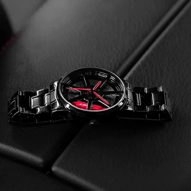 Illuminate your sophistication with our red Drift Rim Watch! Precision-crafted by a German startup, these watches exhibit innovative design. Tailored to captivate motorsport, tuning, and auto enthusiasts. #id_46744374608202