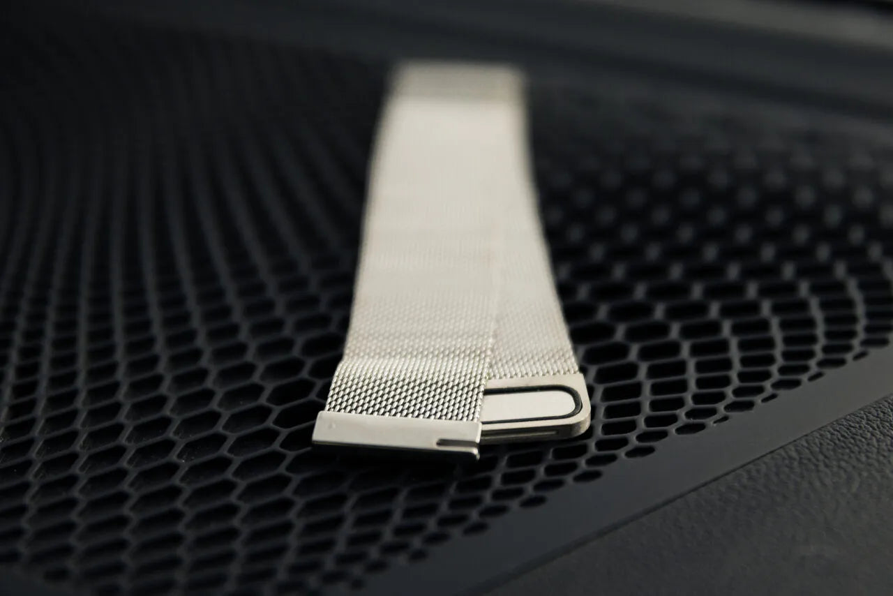 Enhance your look with our Silver Mesh Bracelet, a perfect match for our cutting-edge rim-inspired watches. Created by a dynamic German startup, these timepieces feature an innovative design that resonates with motorsport, tuning, and car enthusiasts. Elevate your style today! #id_46744490279242