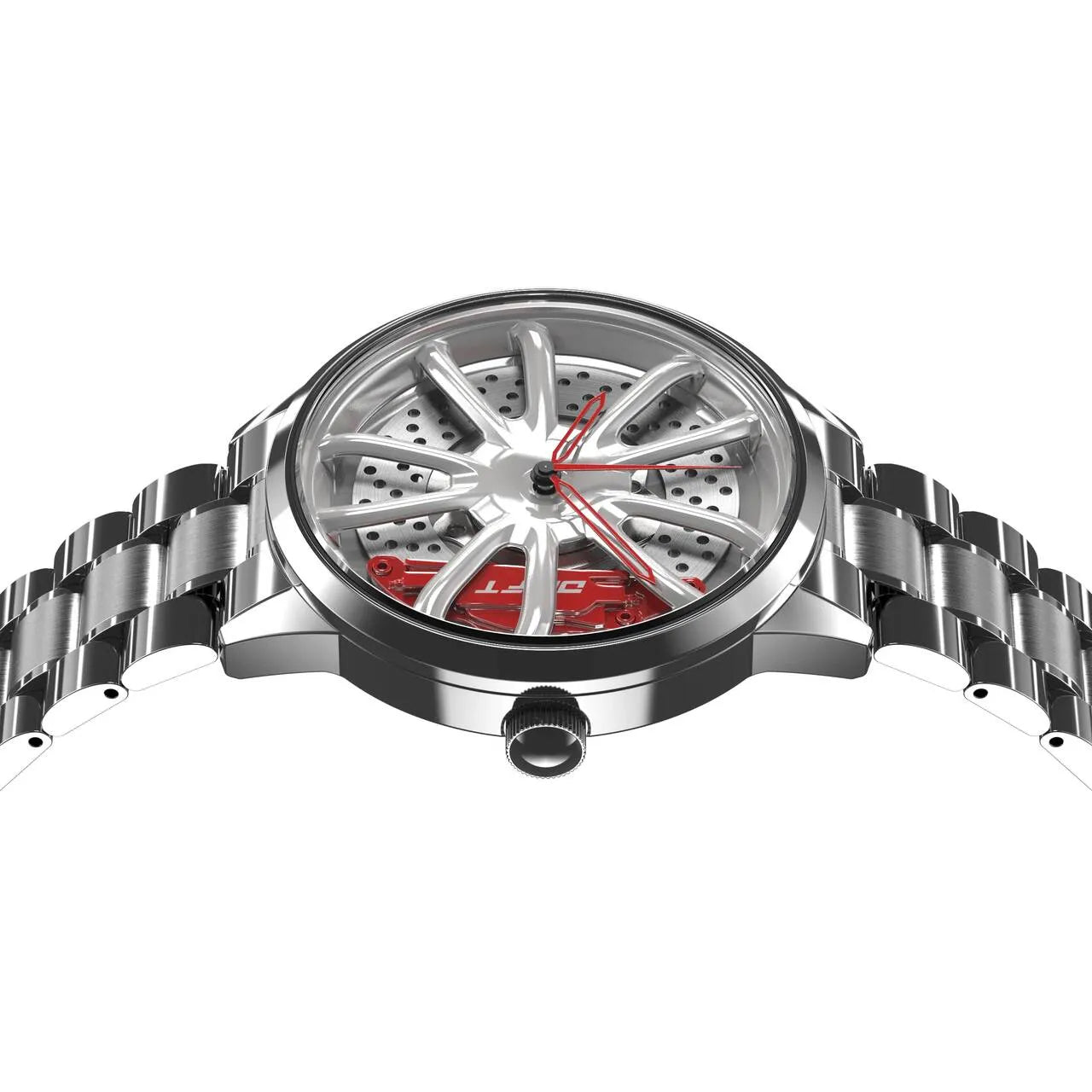Illuminate your sophistication with our silver-red Performance GT Rim Watch! Precision-crafted by a German startup, these watches exhibit innovative design. Tailored to captivate motorsport, tuning, and auto aficionados.