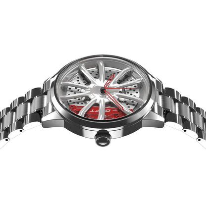Illuminate your sophistication with our silver-red Performance GT Rim Watch! Precision-crafted by a German startup, these watches exhibit innovative design. Tailored to captivate motorsport, tuning, and auto aficionados.