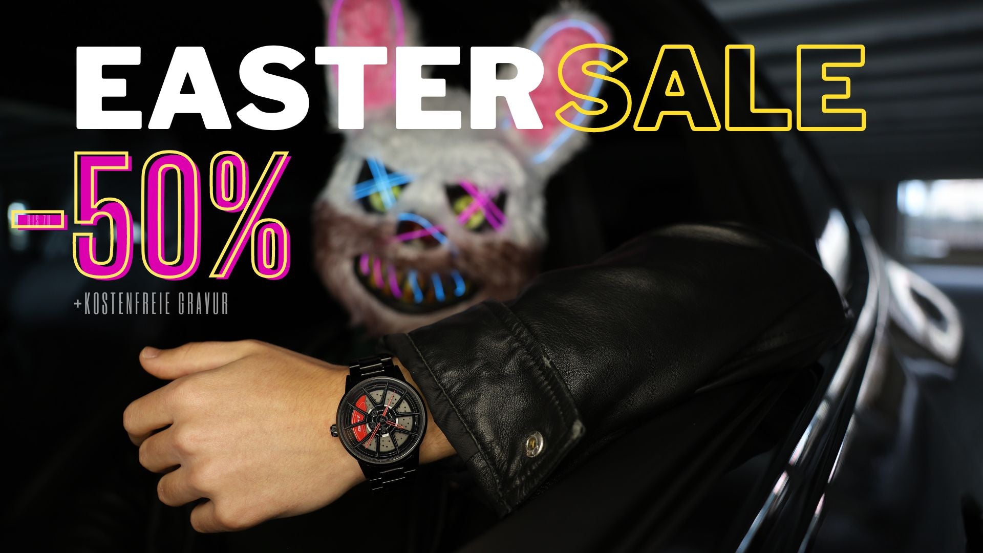 An advertisement for DriftElement's Easter Sale showing a 50% discount and offering free engraving. A person's wrist is adorned with a black watch featuring a bold, red and grey rim-inspired design, indicative of the innovative and youthful spirit of the German startup.