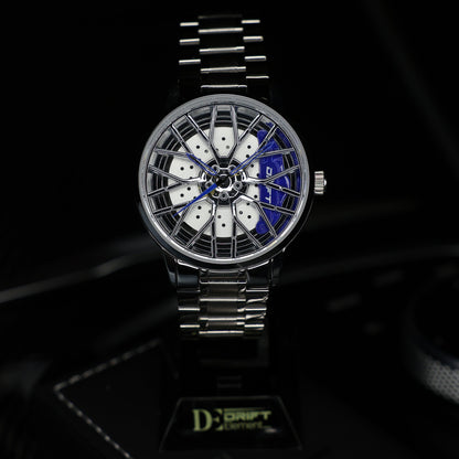 Motorsport Silber Blau Felgenuhr