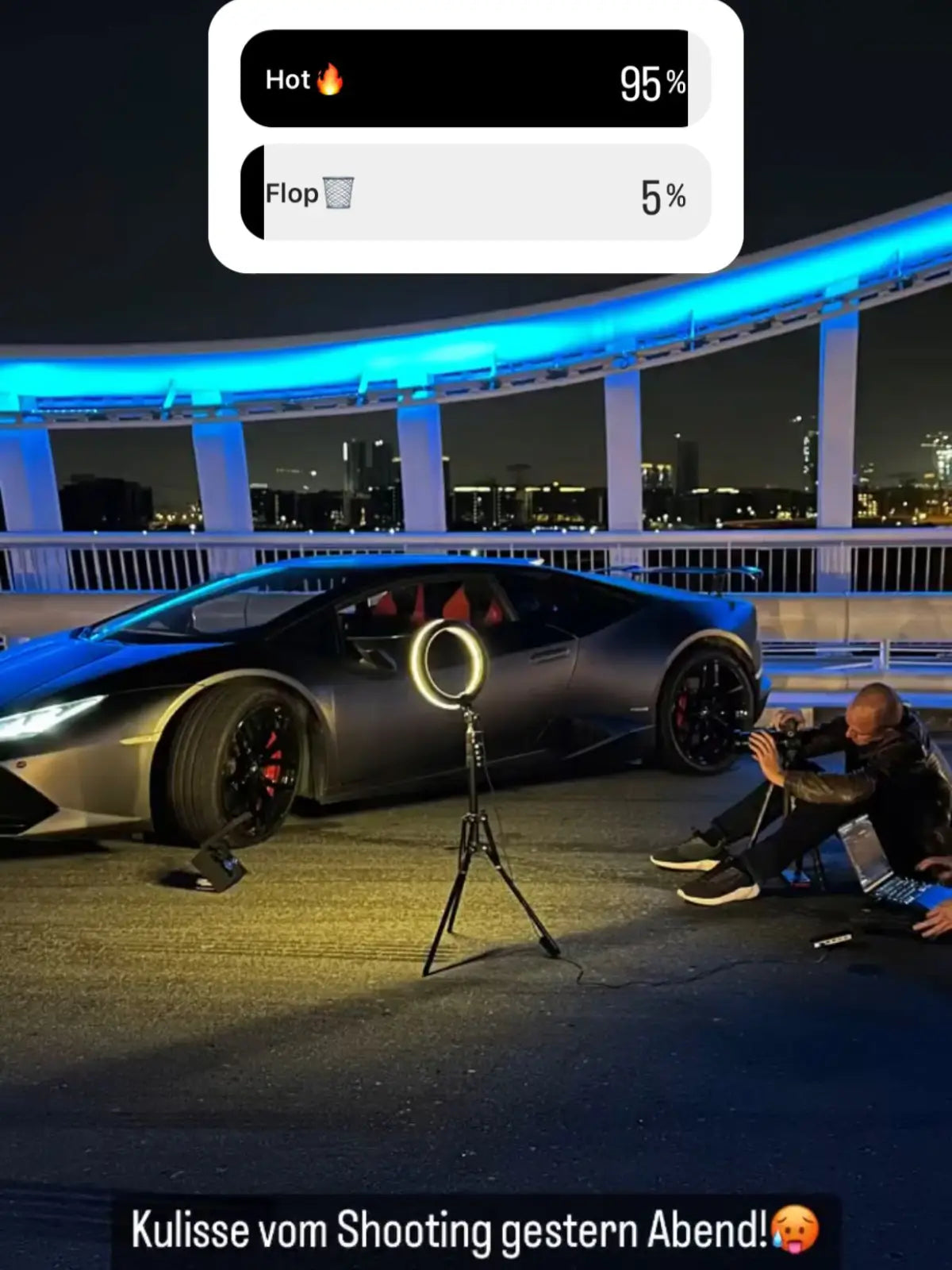 A behind-the-scenes view from a recent photo shoot held at night. The focus is on a sleek sports car under a bridge with blue lighting, while a photographer is capturing the moment with a camera on a tripod. The setting suggests an urban environment, possibly highlighting luxury and style, much like DriftElement’s approach to creating watches with an innovative rim design, indicative of the German startup’s unique and cutting-edge product design.
