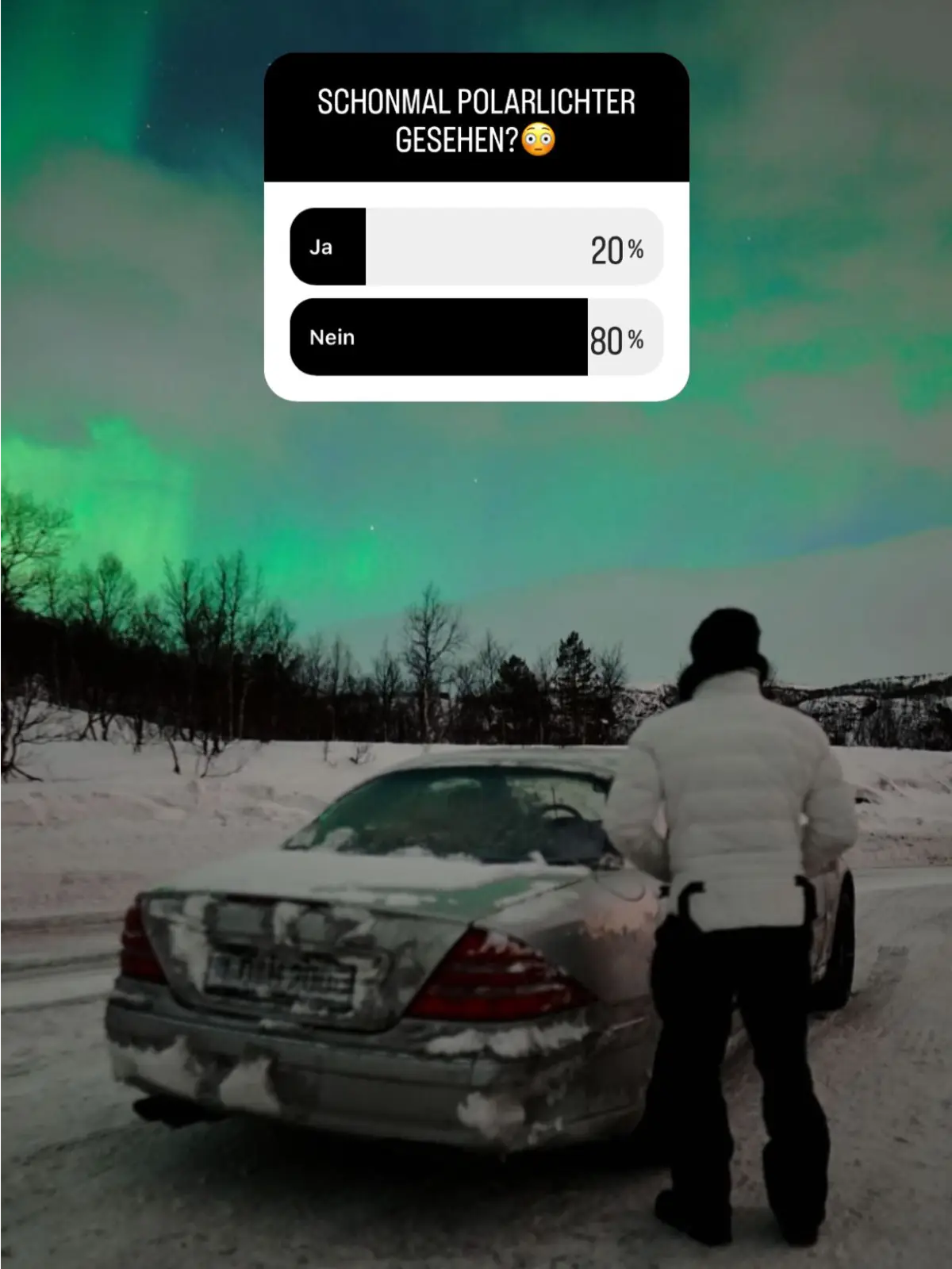 An individual is standing in a snowy landscape, admiring the aurora borealis, or northern lights, in the sky. They are next to a snow-covered car, suggesting a journey or adventure in a cold region. This aligns with the innovative spirit of DriftElement, a young German startup that designs watches with unique rim-inspired aesthetics, highlighting their dedication to creative and boundary-pushing design in their products.