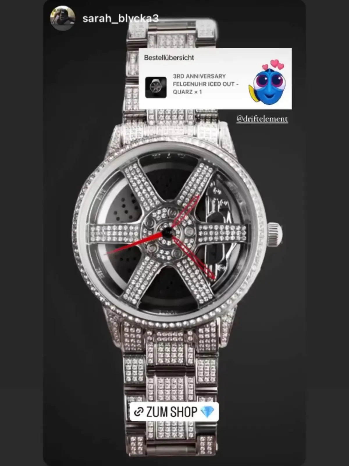 The image shows a highly detailed and luxurious watch from DriftElement, a young startup from Germany. The watch is fully embellished with what appears to be small, sparkling stones, creating an "iced out" effect that covers the entire watch face, bezel, and band. This timepiece features a distinctive rim design on the dial that is characteristic of DriftElement's innovative design ethos, fusing the spirit of automotive culture with high-end watchmaking.