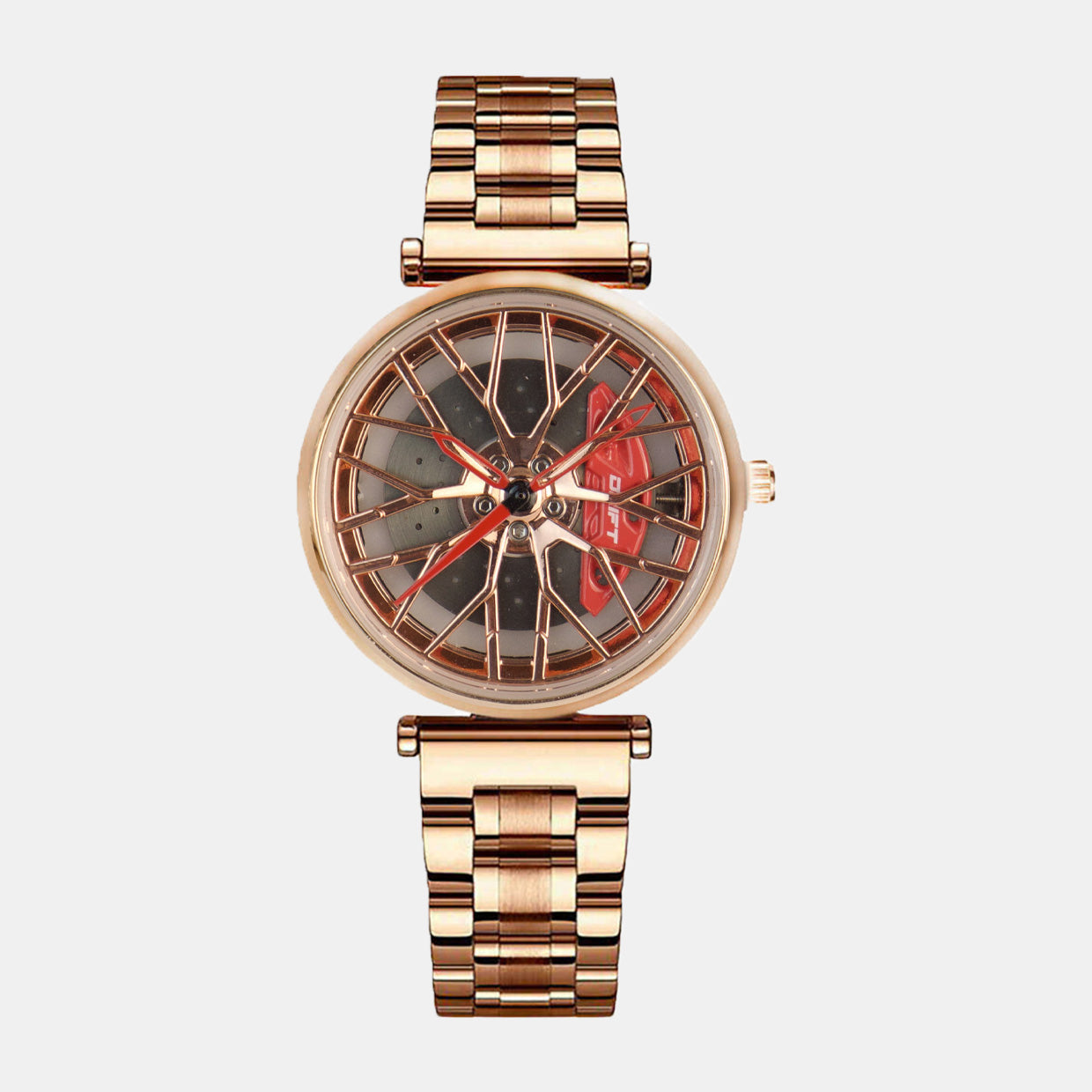 This image displays a ladies' motorsport-inspired watch in a rose-gold tone offered by DriftElement, a German startup specializing in innovative rim-design watches. The watch features a detailed dial that emulates the look of a car rim, complete with red accents that add a vibrant touch to the overall aesthetic. The rose-gold metal bracelet complements the design, creating a sophisticated yet edgy piece of wristwear that blends automotive passion with fashion-forward styling. #id_47362139914570